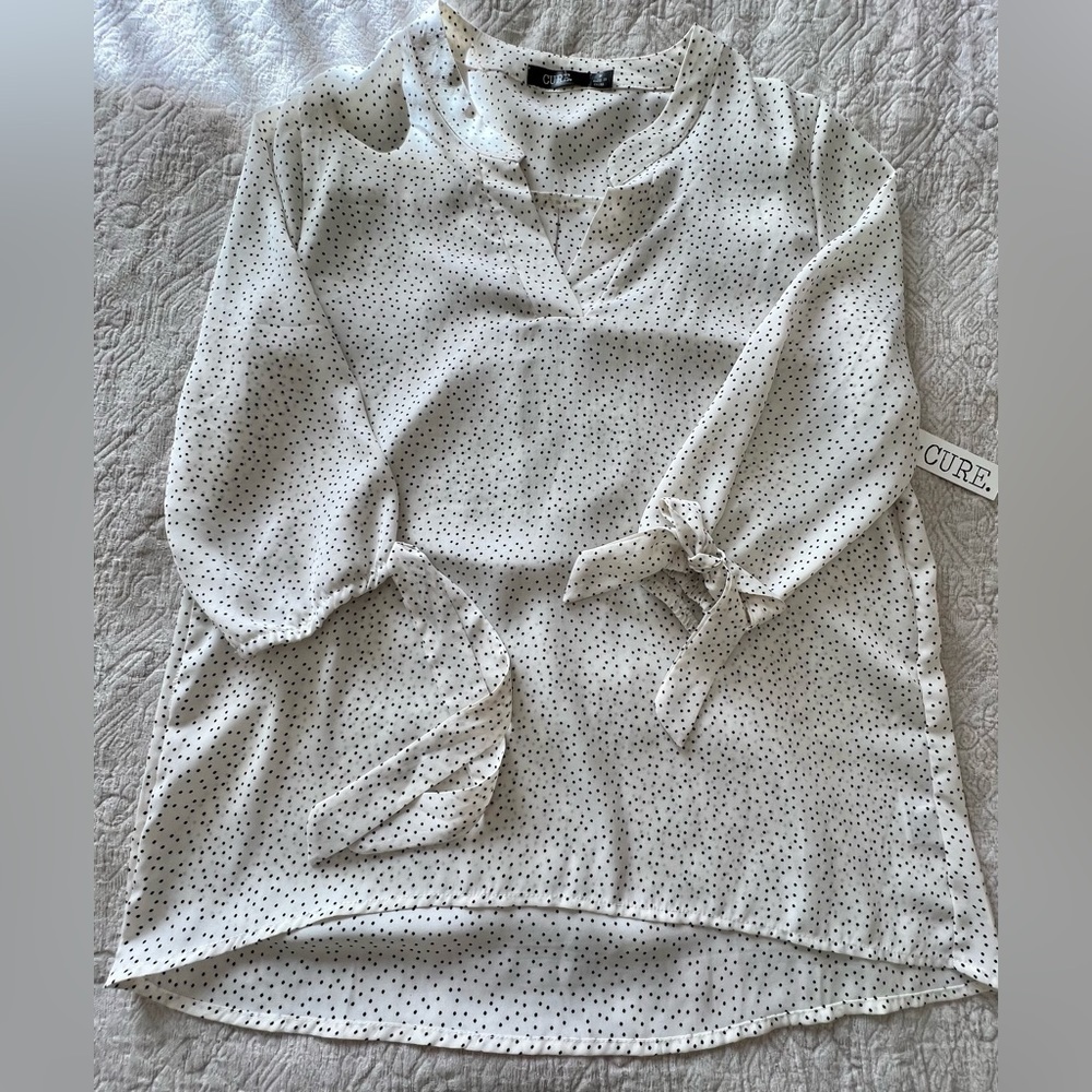 NWT CURE Cream & Black polka dot blouse Size M